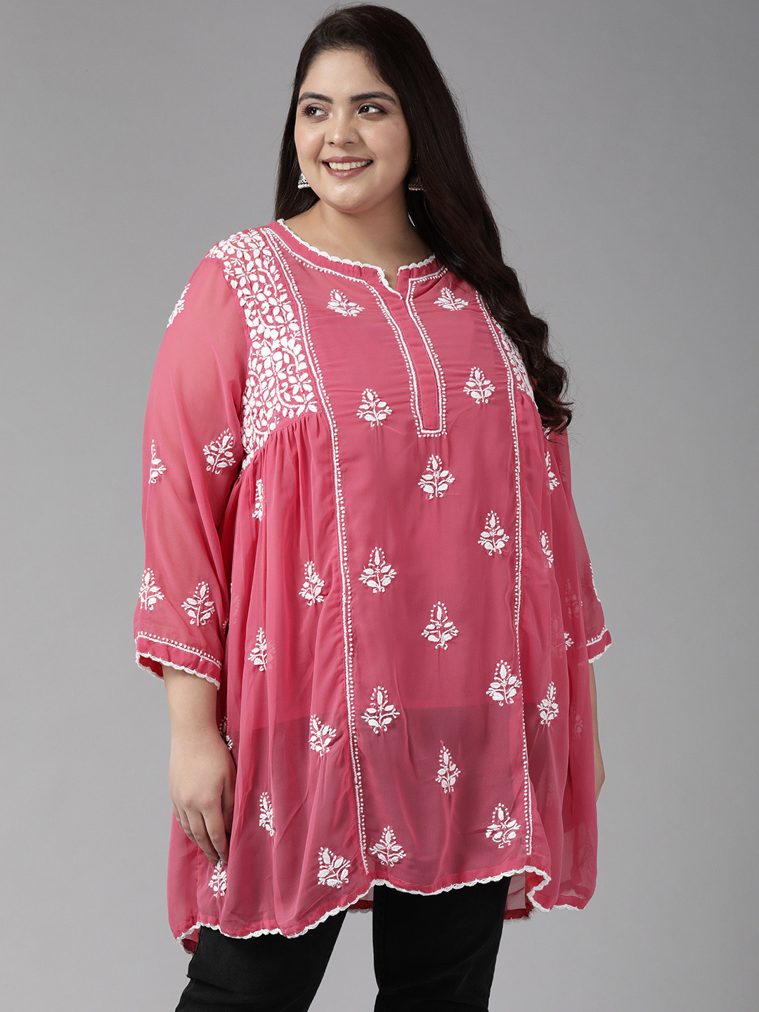 ADA Plus Size Pink Embroidered Chikankari Poly Georgette Kurti With Slip