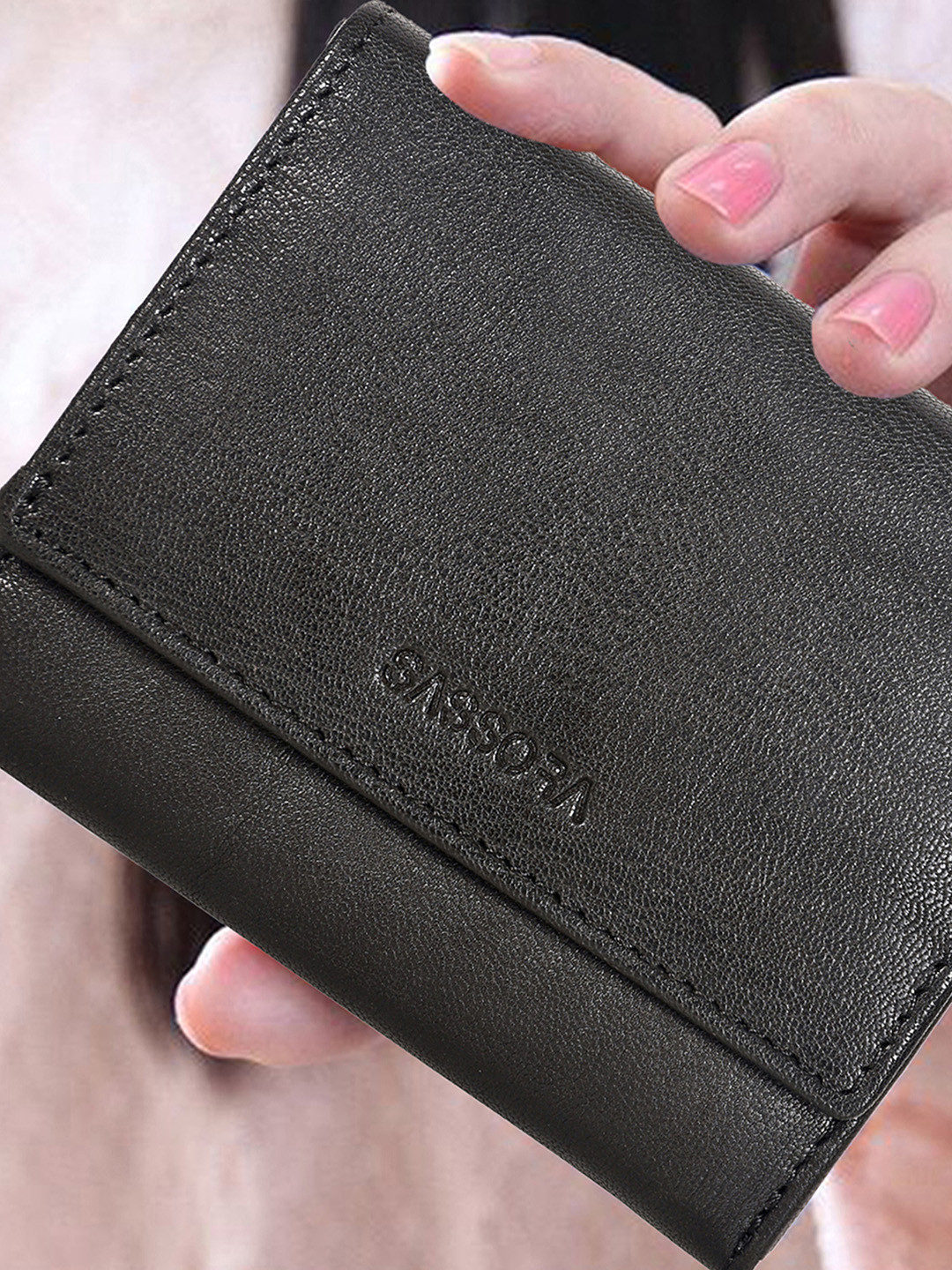 Sassora Women Black Leather RFID Three Fold Wallet