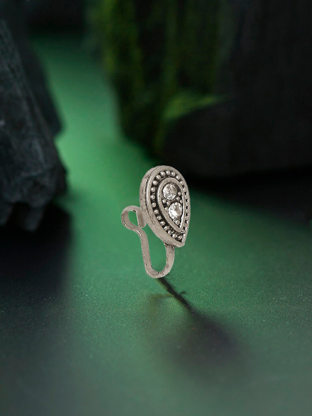 OOMPH Silver Toned White Stone Studded Oxidized Stud Nosepin