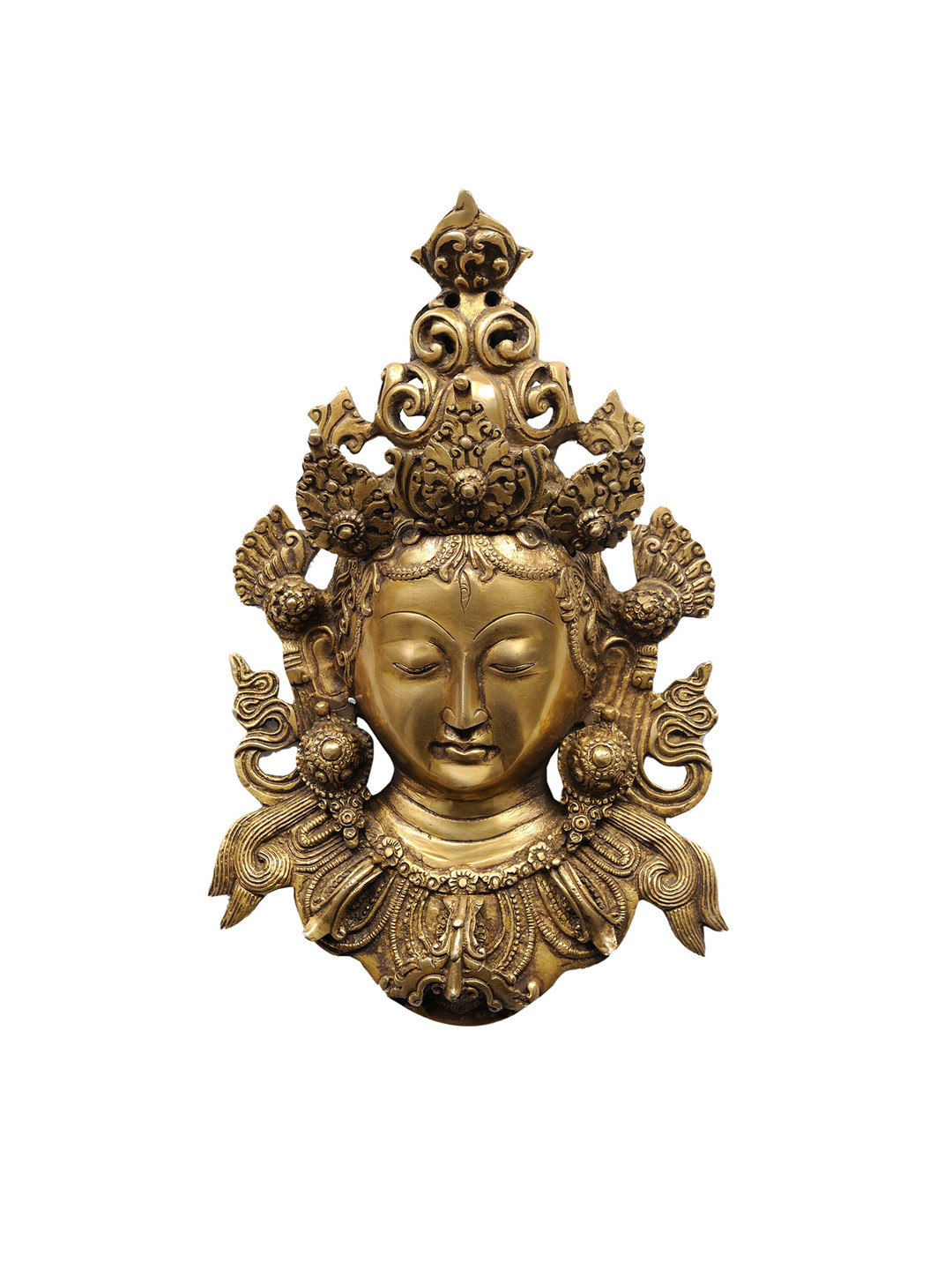 Exotic India Goddess Tara Wall Hanging Mask Brass Glossy Spiritual Wall Decor-12In