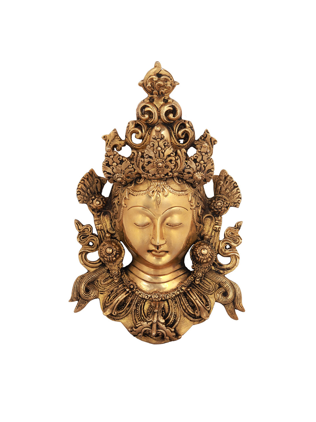 Exotic India Devi Tara Wall-Hanging Mask Brass Glossy Spiritual Wall Decor-12.3In