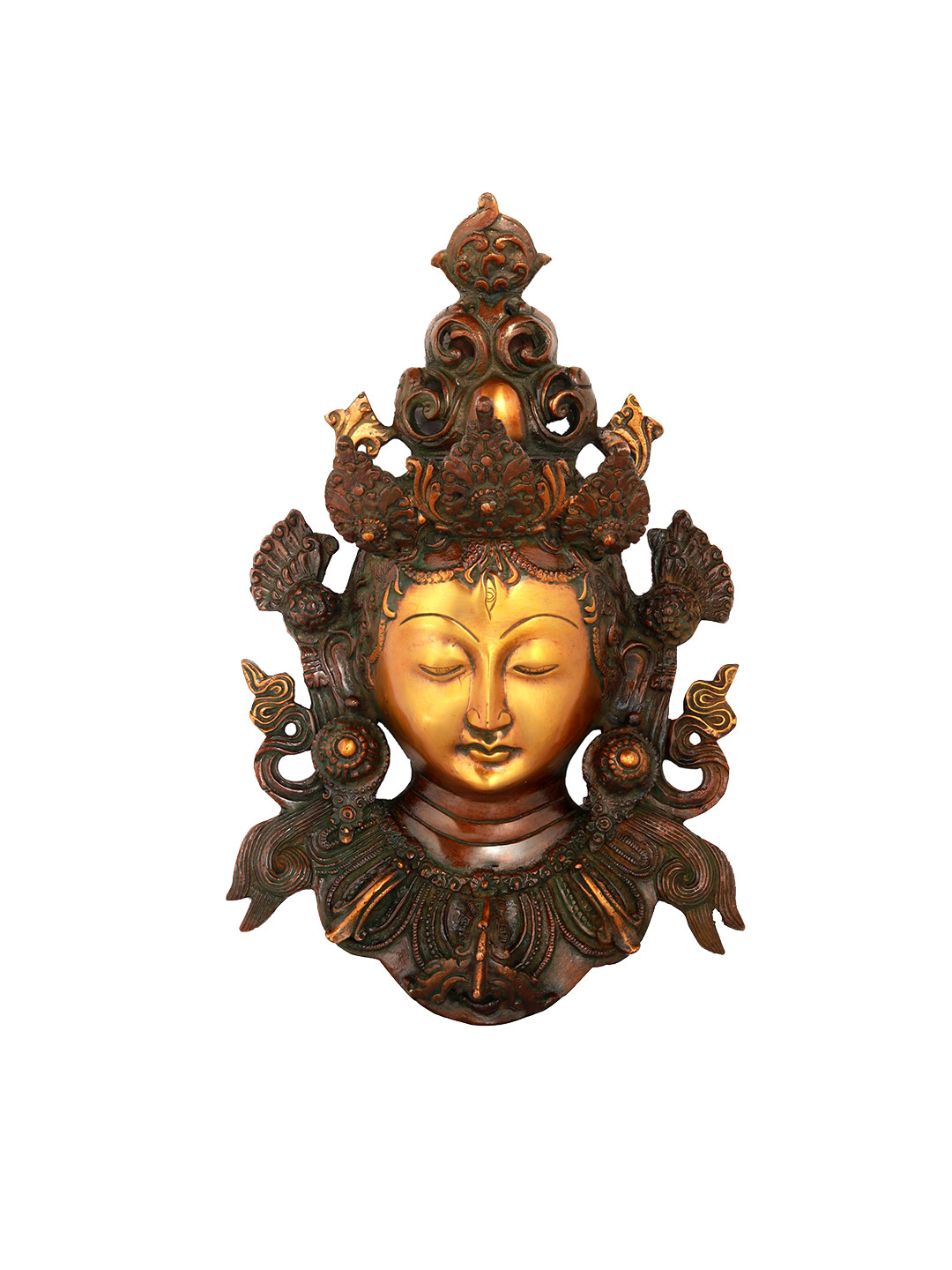 Exotic India Devi Tara Wall-Hanging Mask Brass Glossy Spiritual Wall Decor-12.3In