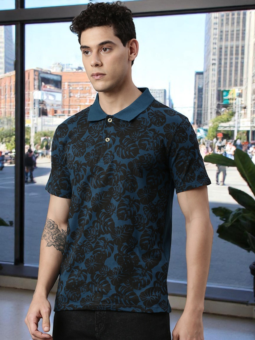 Kryptic Men Tropical Printed Pure Cotton Polo Collar T-shirt