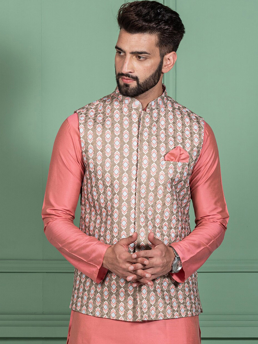 KISAH Men Olive Printed Nehru Jackets