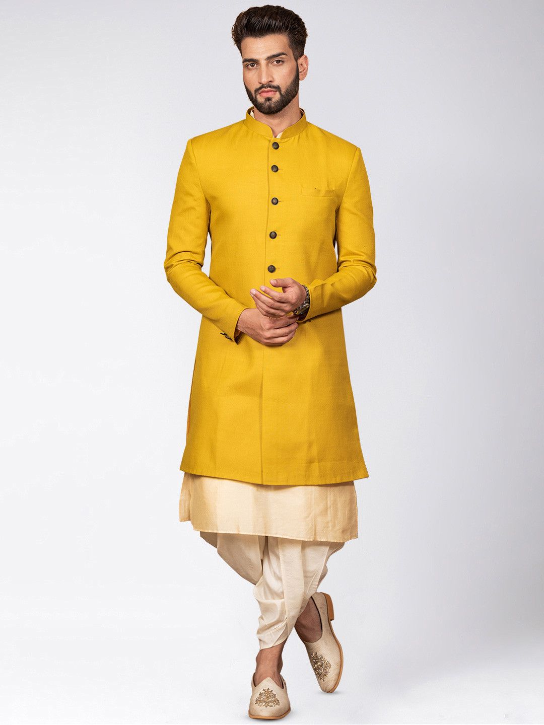 KISAH Men Mustard Solid Cotton Sherwani Set