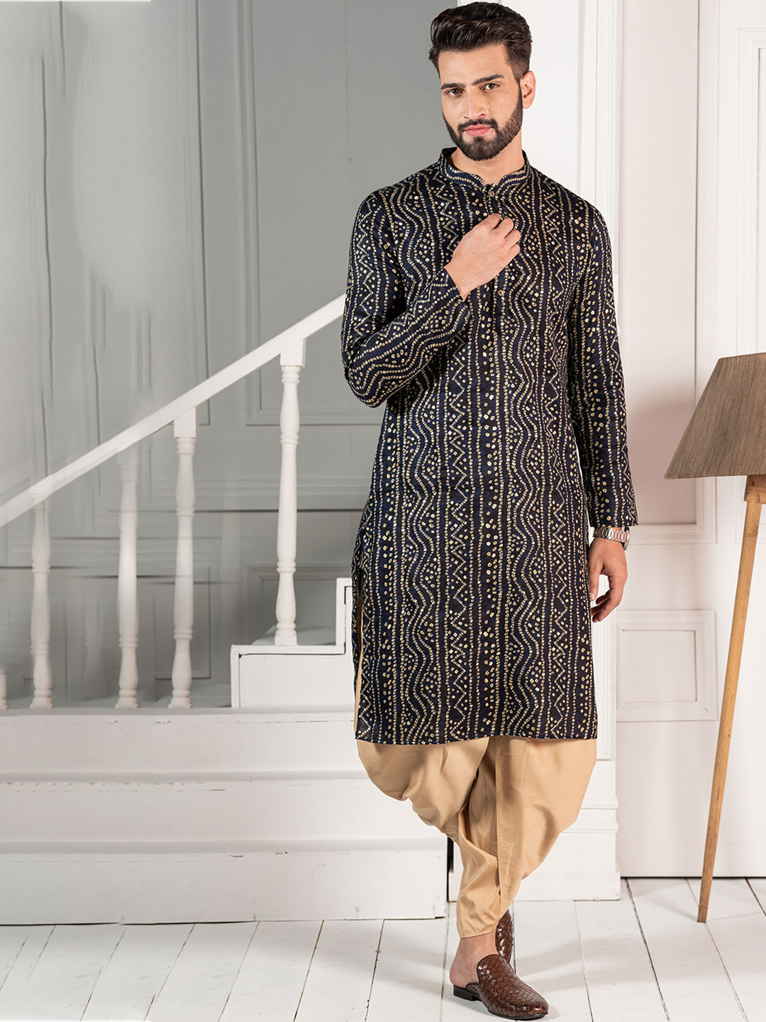 KISAH Men Navy Blue Bandhani Kurta