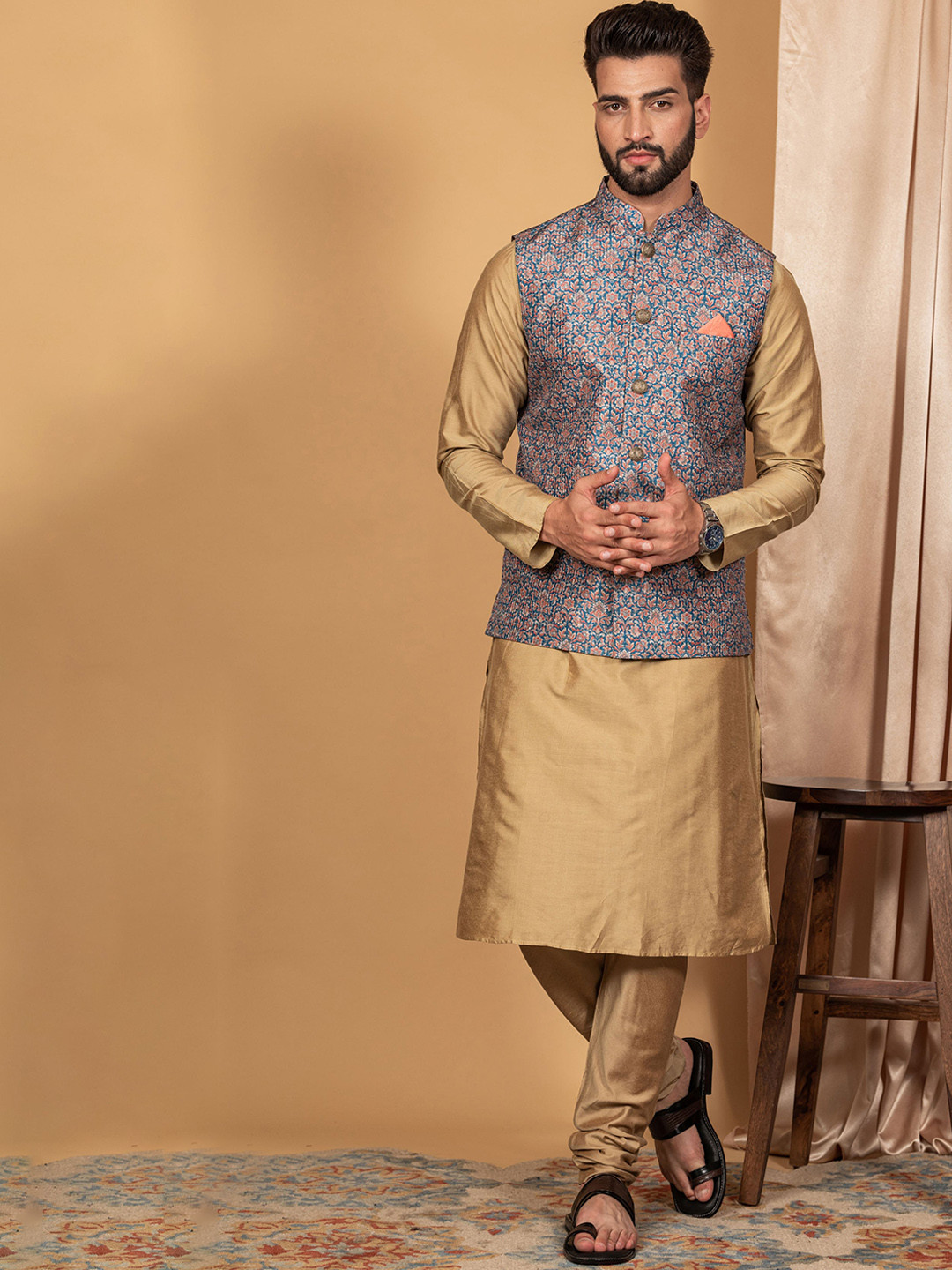 KISAH Men Blue Kurta with Churidar & Jacket Set