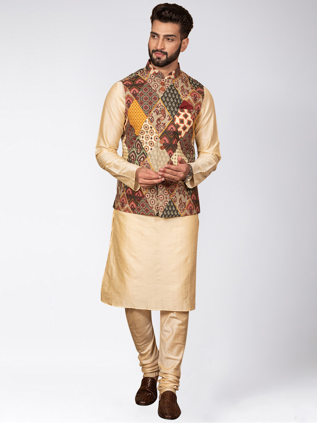 KISAH Men Beige Solid Cotton Blend Kurta with Churidar With Nehru jacket Set