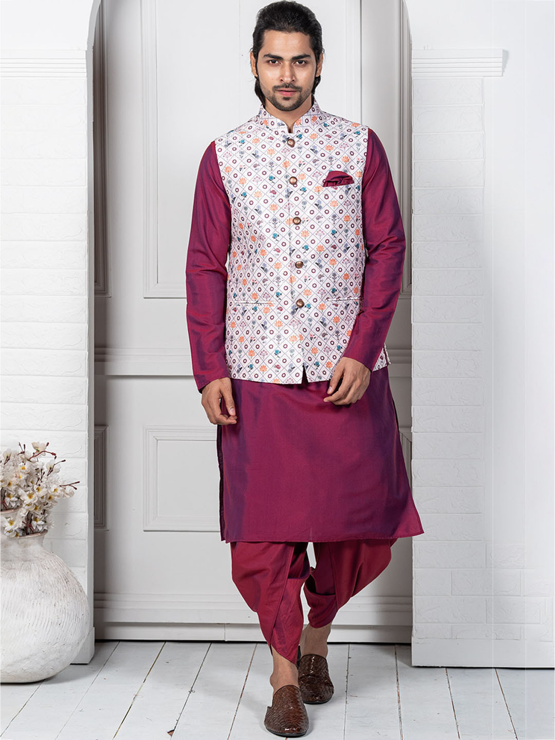 KISAH Men Maroon Printed Kurta with Dhoti Pants