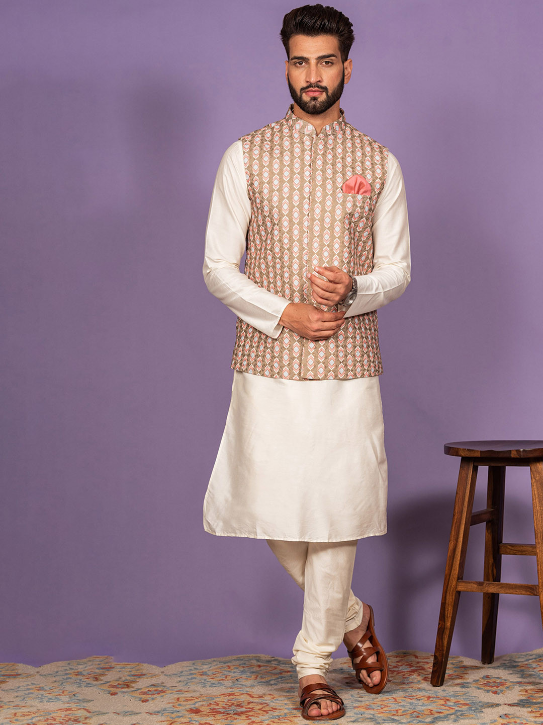 KISAH Men Olive Green Ethnic Motifs Yoke Design Angrakha Thread Work Kurta With Pyjamas