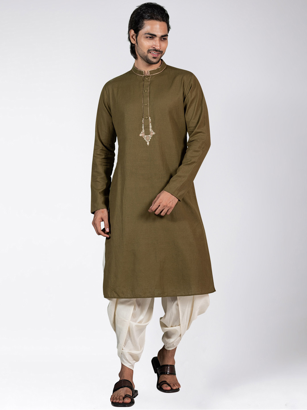 KISAH Men Olive Green Striped Kurta With Patiala Set