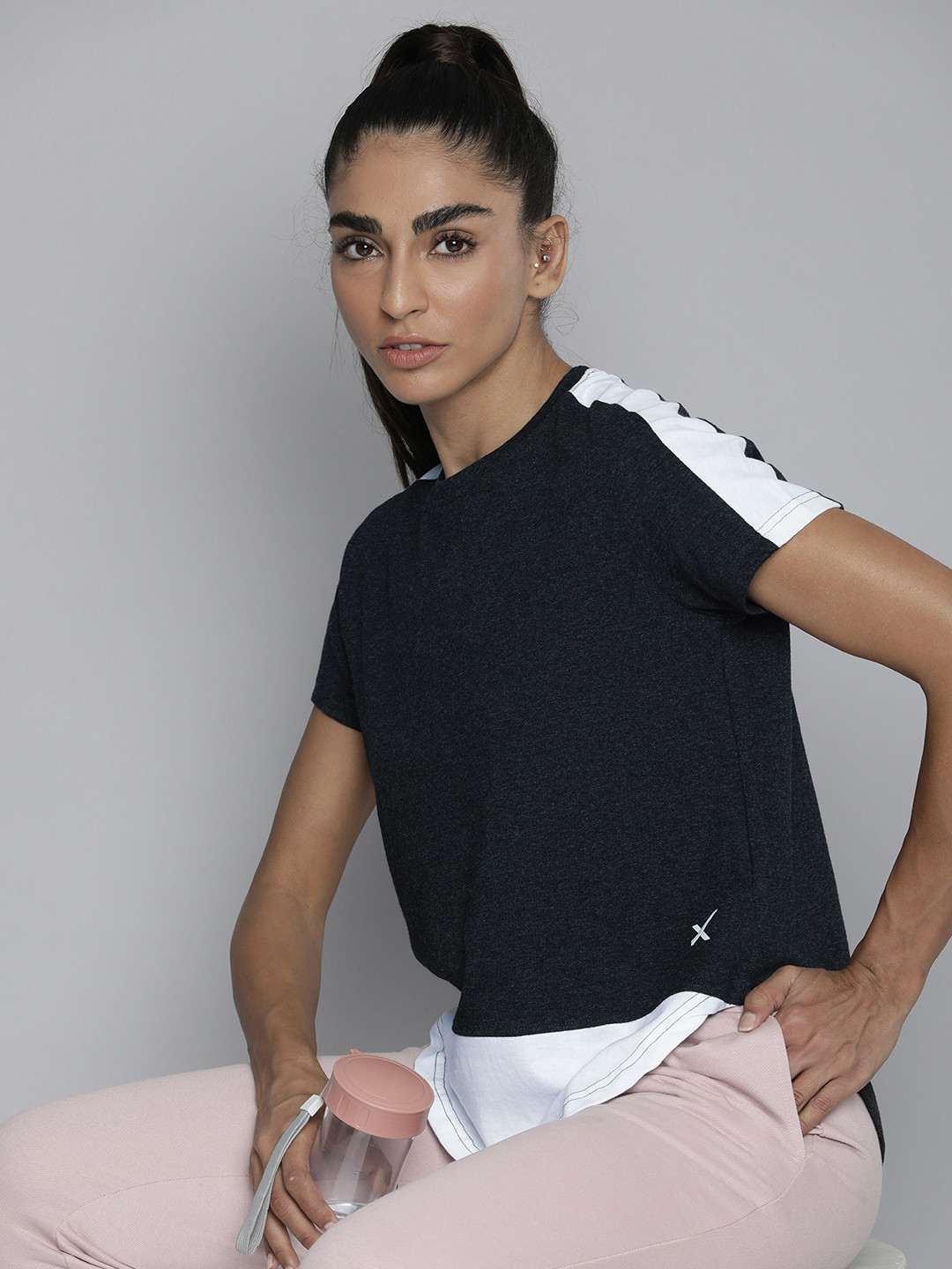 HRX by Hrithik Roshan Women Charcoal Black & White Colourblocked T-shirt