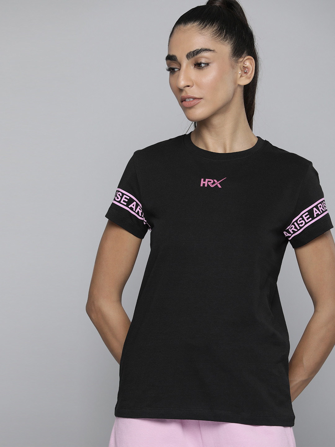 HRX by Hrithik Roshan Women Black & Pink Pure Cotton Brand Logo Printed T-shirt