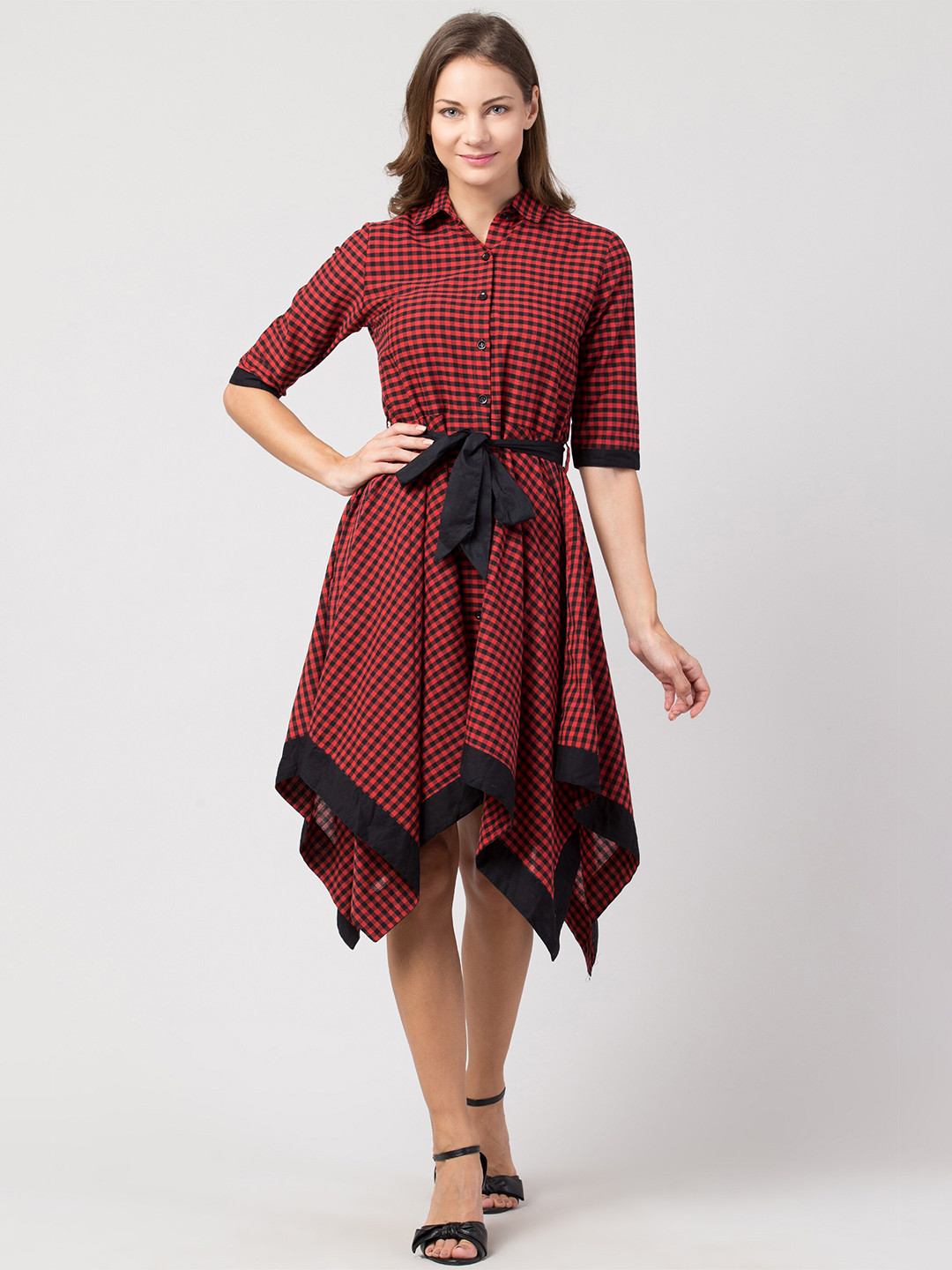 Hive91 Red & Black Checked Formal Shirt Midi Dress