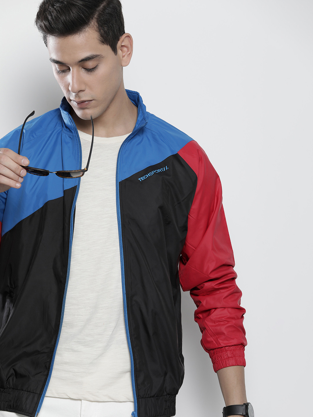 The Indian Garage Co Men Blue & Black Colourblocked Windcheater Outdoor Open Front Jacket