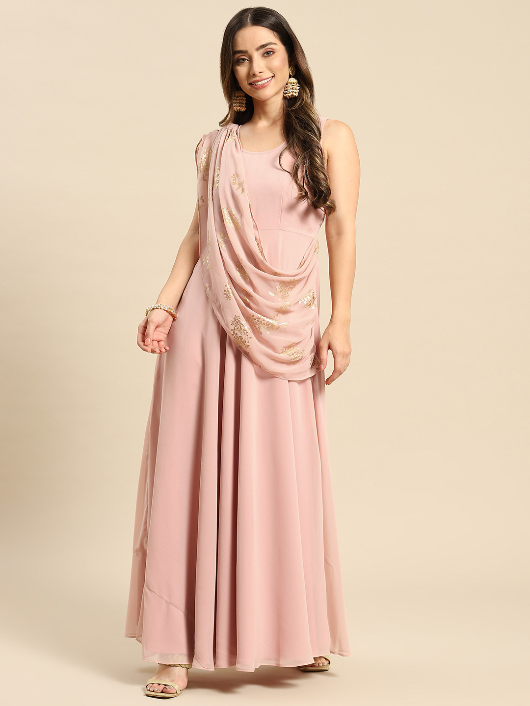 MABISH by Sonal Jain Pink Layered Georgette Maxi Dress With Dupatta Drape