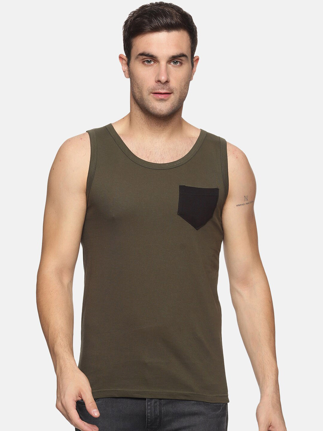 Trends Tower Men Olive Green Solid Innerwear Vests