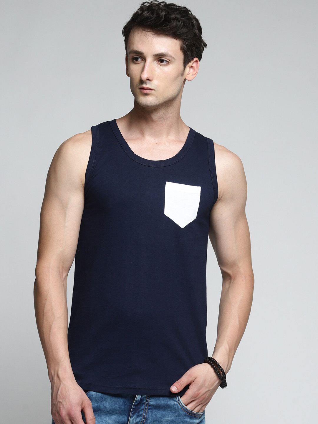 Trends Tower Men Navy Blue Solid Cotton Innerwear Basic Vests