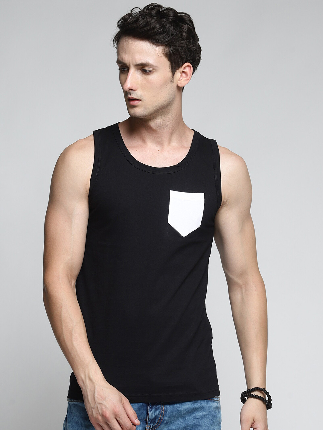 Trends Tower Men Black & White Solid Cotton Innerwear Basic Vests