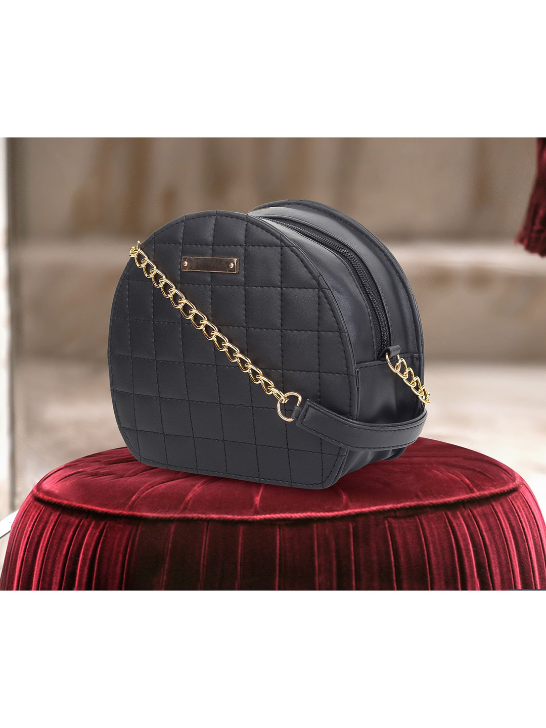AMYENCE Black Structured Sling Bag with Quilted