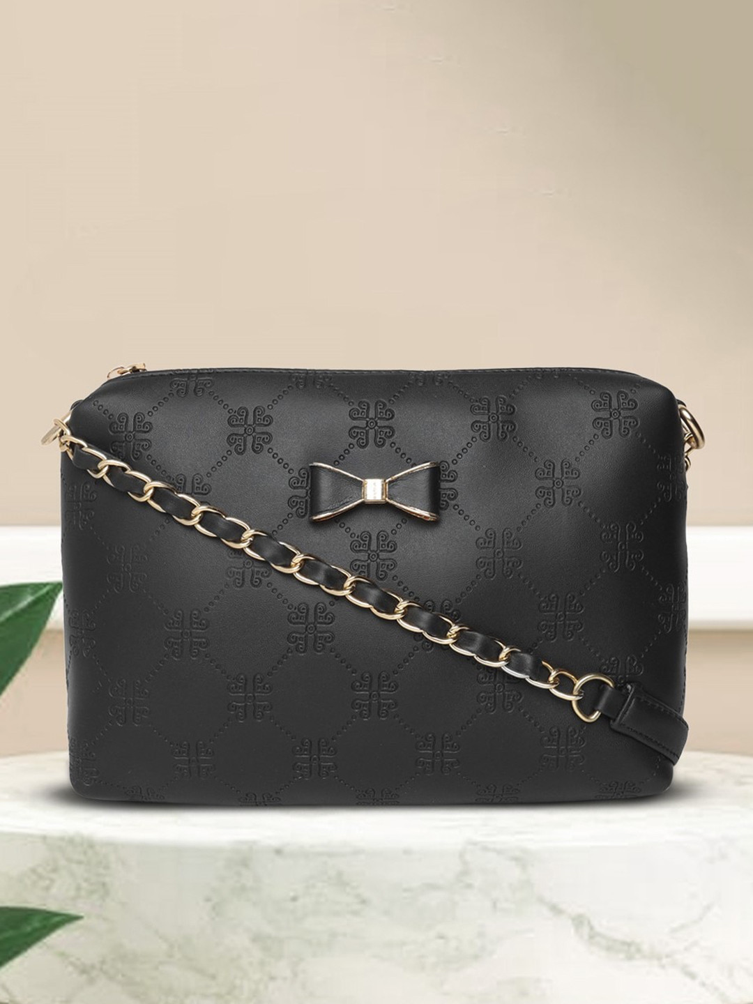 AMYENCE Black Oversized Structured Sling Bag with Bow Detail