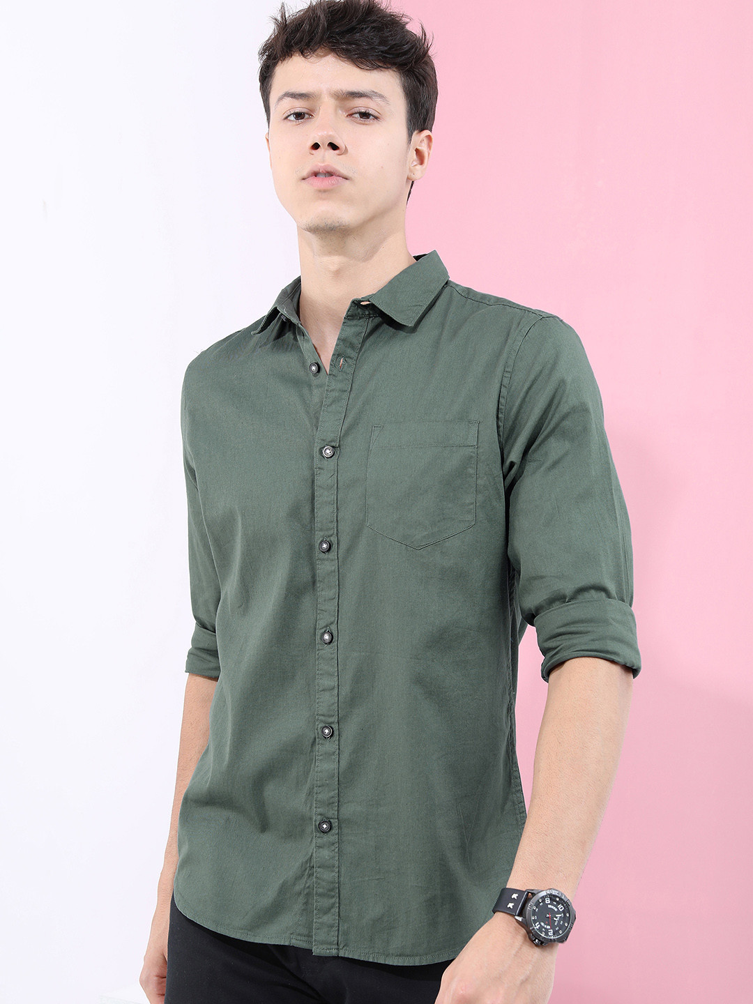 HIGHLANDER Men Blue Solid Long Roll-Up Sleeves Slim Fit Casual Shirt