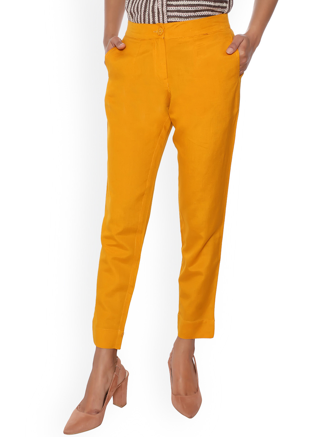 SUTI Women Mustard Yellow Slim Fit Trousers