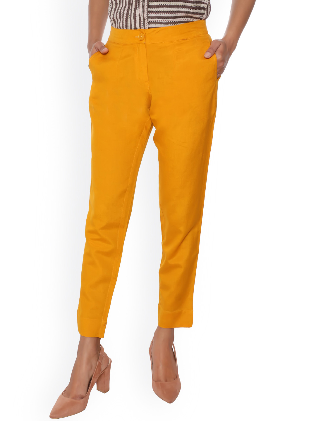 SUTI Women Mustard Yellow Slim Fit Trousers