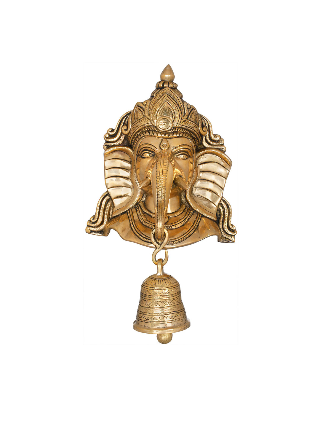Exotic India Lord Ganesha Mask Wall-Hanging With Engraved Bell Brass Spiritual Wall Decor-16In