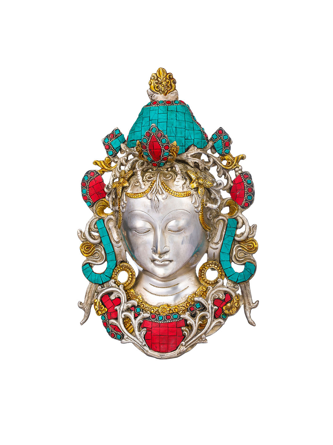 Exotic India Buddhist Deity Tara Mask Brass Antique Spiritual Wall Decor-12In