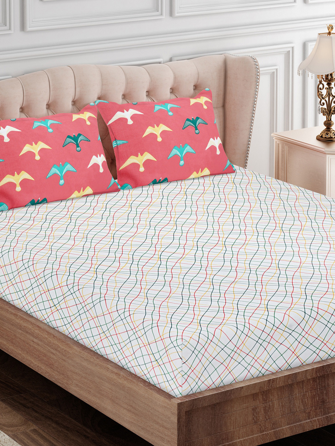 SEJ by Nisha Gupta Cream Abstract Cotton 180 TC Flat King Fine Bedsheet with 2 Pillow Covers-108 x 108 inches