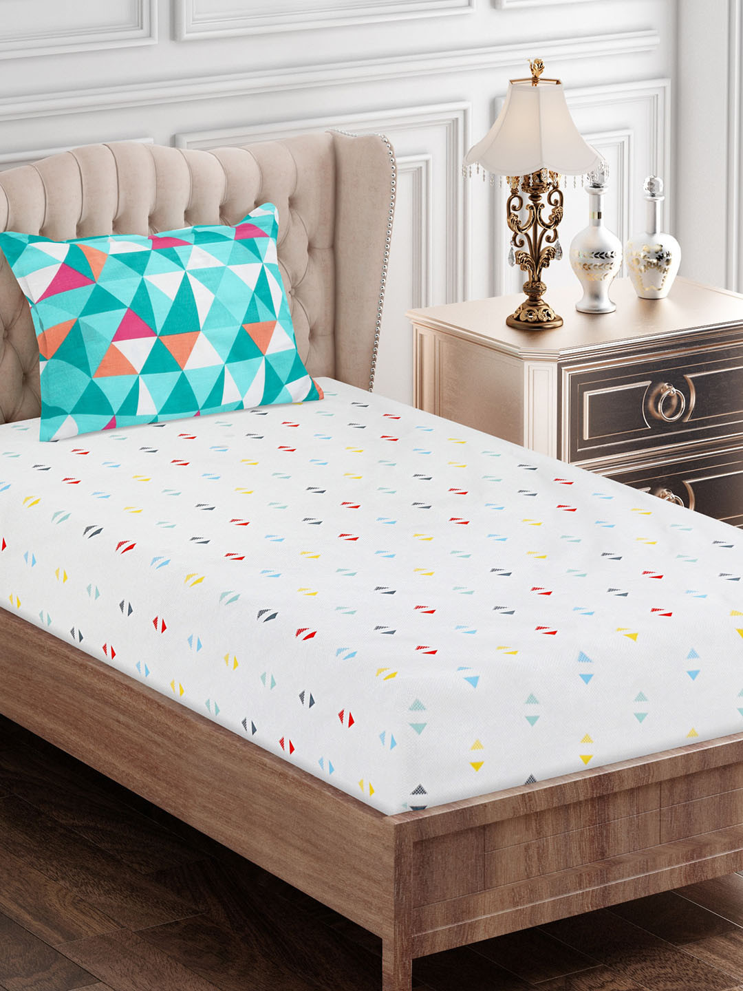 SEJ by Nisha Gupta Grey Geometric Cotton 180 TC Flat Single Fine Bedsheet with a Pillow Cover-87 x 56 inches