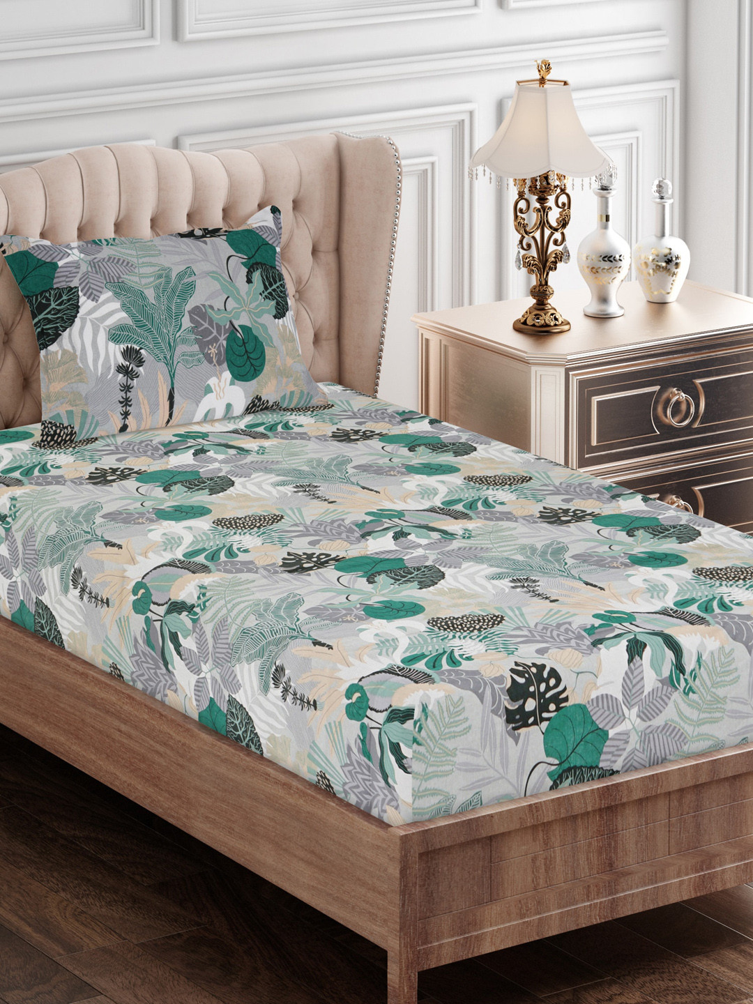 SEJ by Nisha Gupta Whimsy Design Green Leaf Cotton 144 TC Single Bedsheet with a Pillow Cover-56 x 87 inches