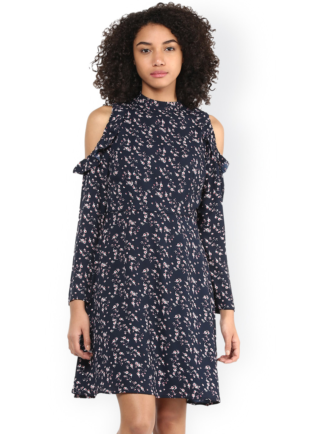 Harpa Women Navy Blue Floral Print Cold Shoulder Dress
