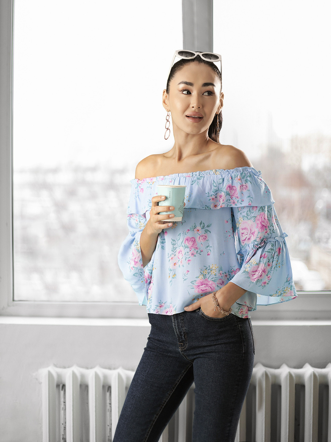 AND Blue Floral Print Off-Shoulder Bardot Top