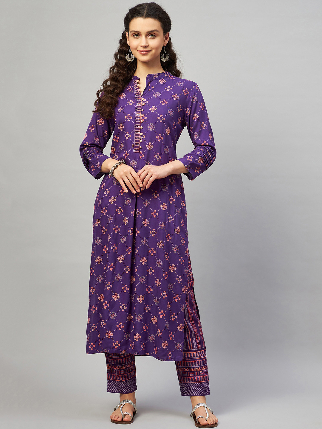 Aaheli Women Purple Printed Sequinned Kurta with Trousers