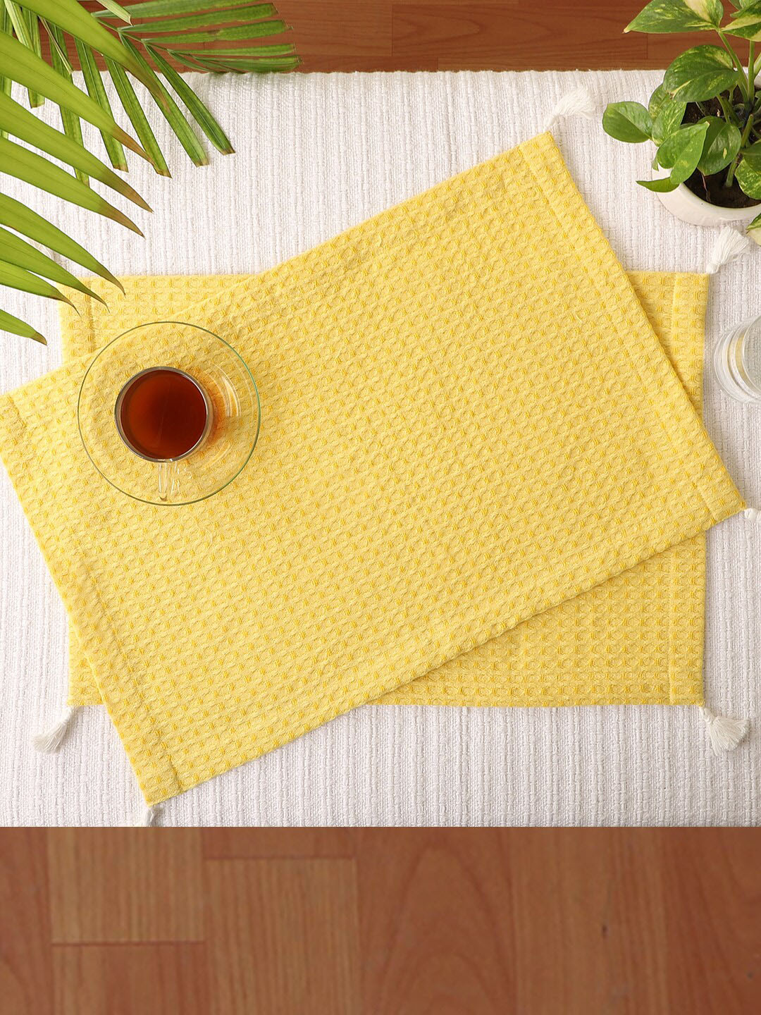 Jamio Firati Set Of 2 Yellow Textured Pure-Cotton Table Placemats