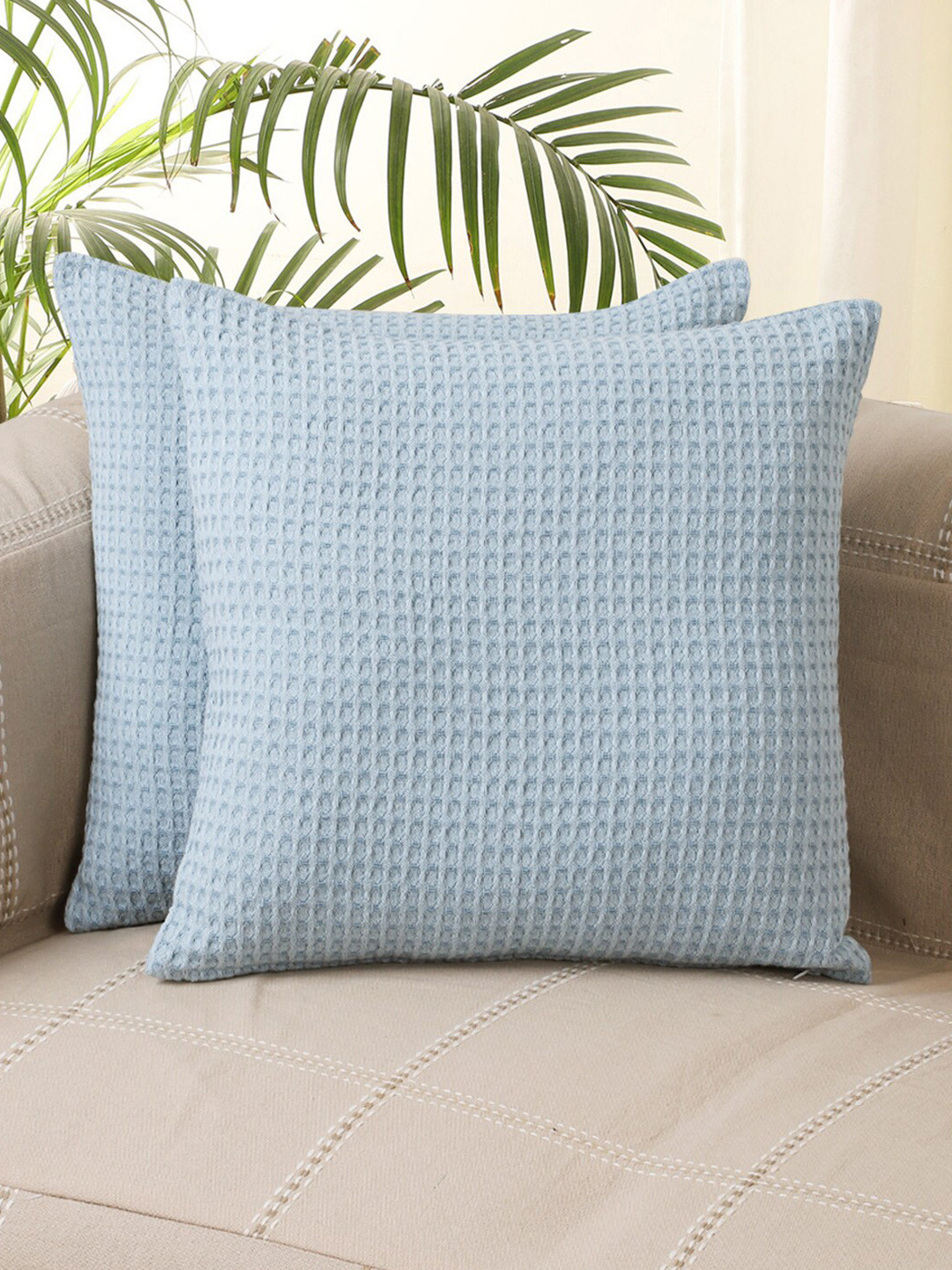 Jamio Firati Textured Blue Solid Desgin 100% Cotton Set of 2 Cushion Covers