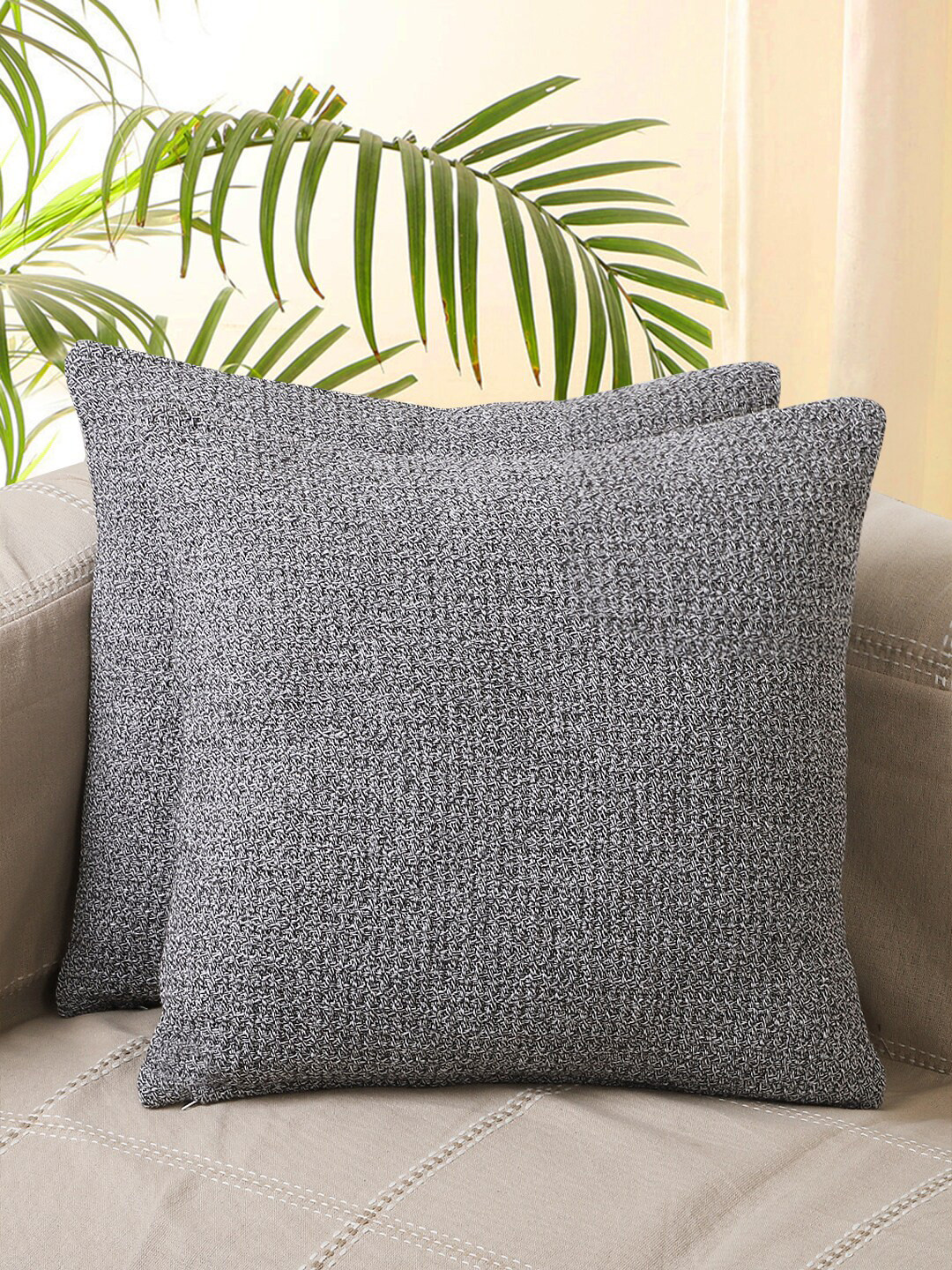 Jamio Firati Black Cotton Breathable 2 Textured Square Cushion Covers -16x16In