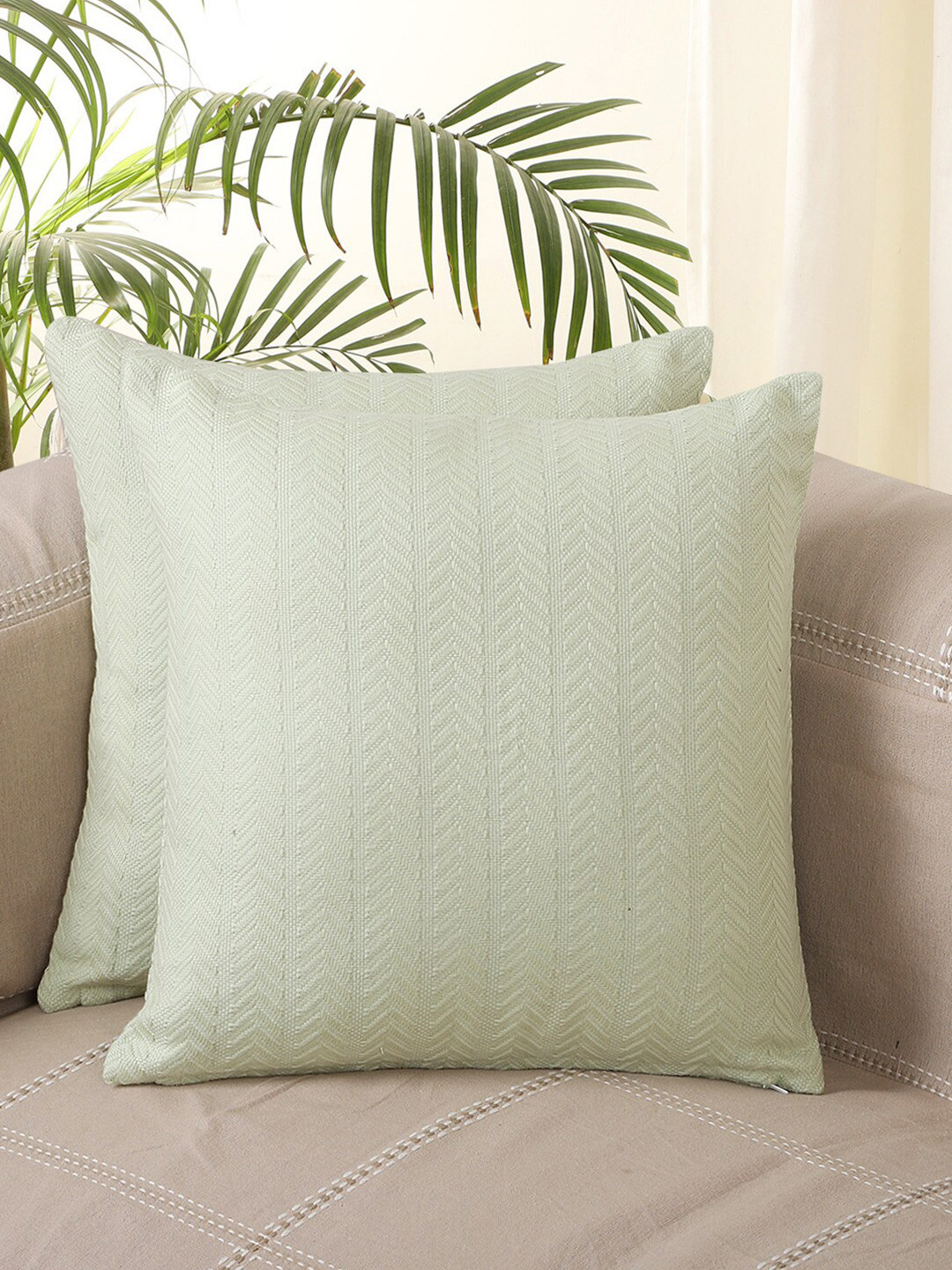 Jamio Firati Solid Desgin Green Textured 100% Cotton Set of 2 Cushion Covers
