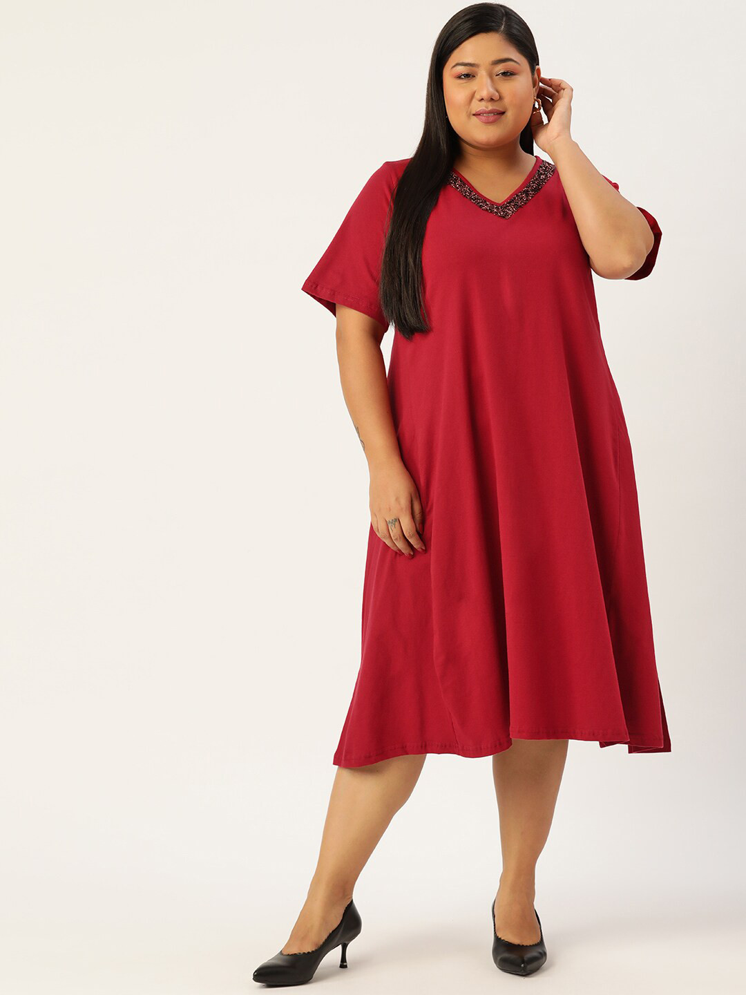 theRebelinme Women's Maroon A-Line Midi Plus Size Dress