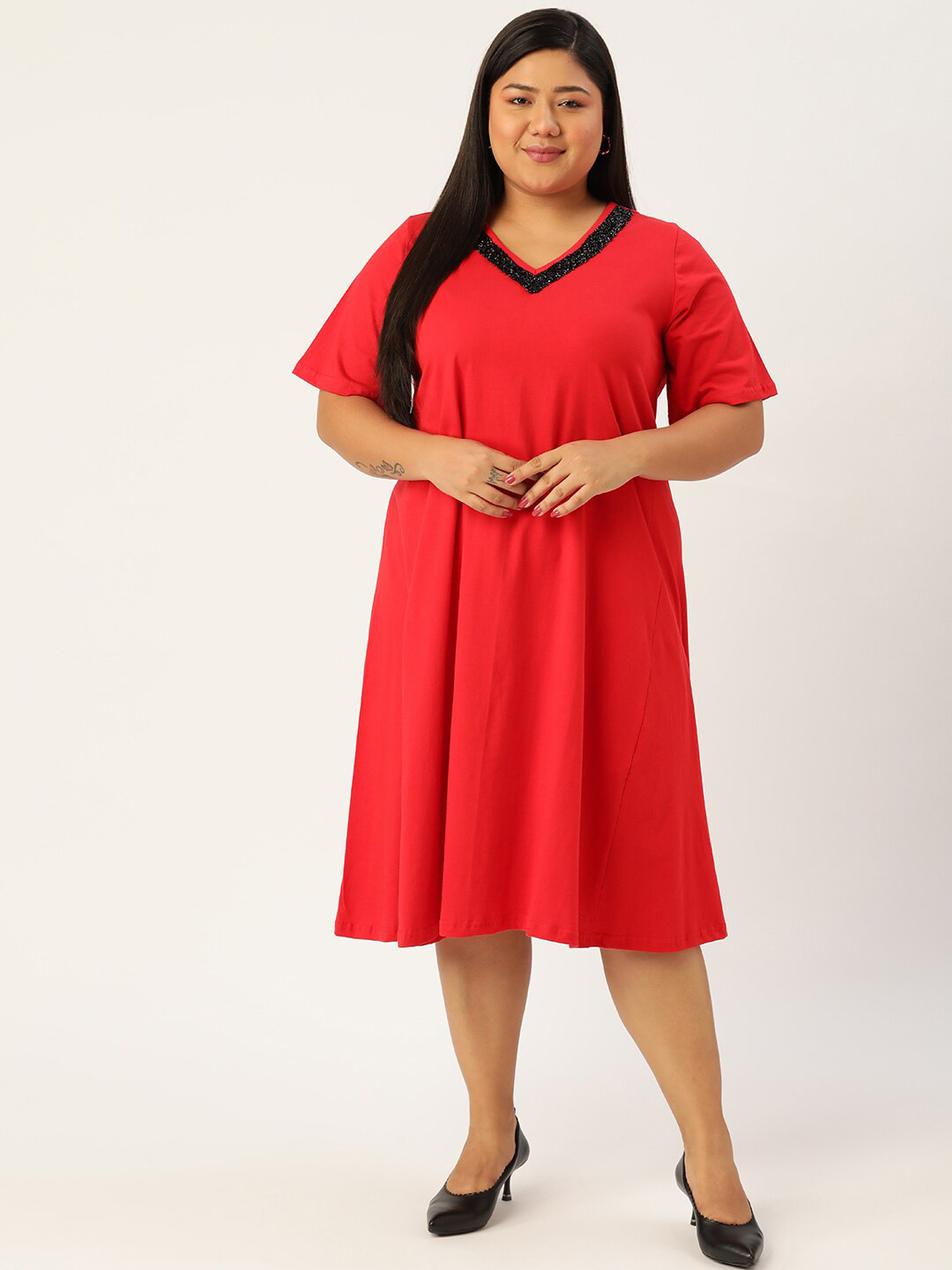 theRebelinme Women Red A-Line Midi Dress Plus Size