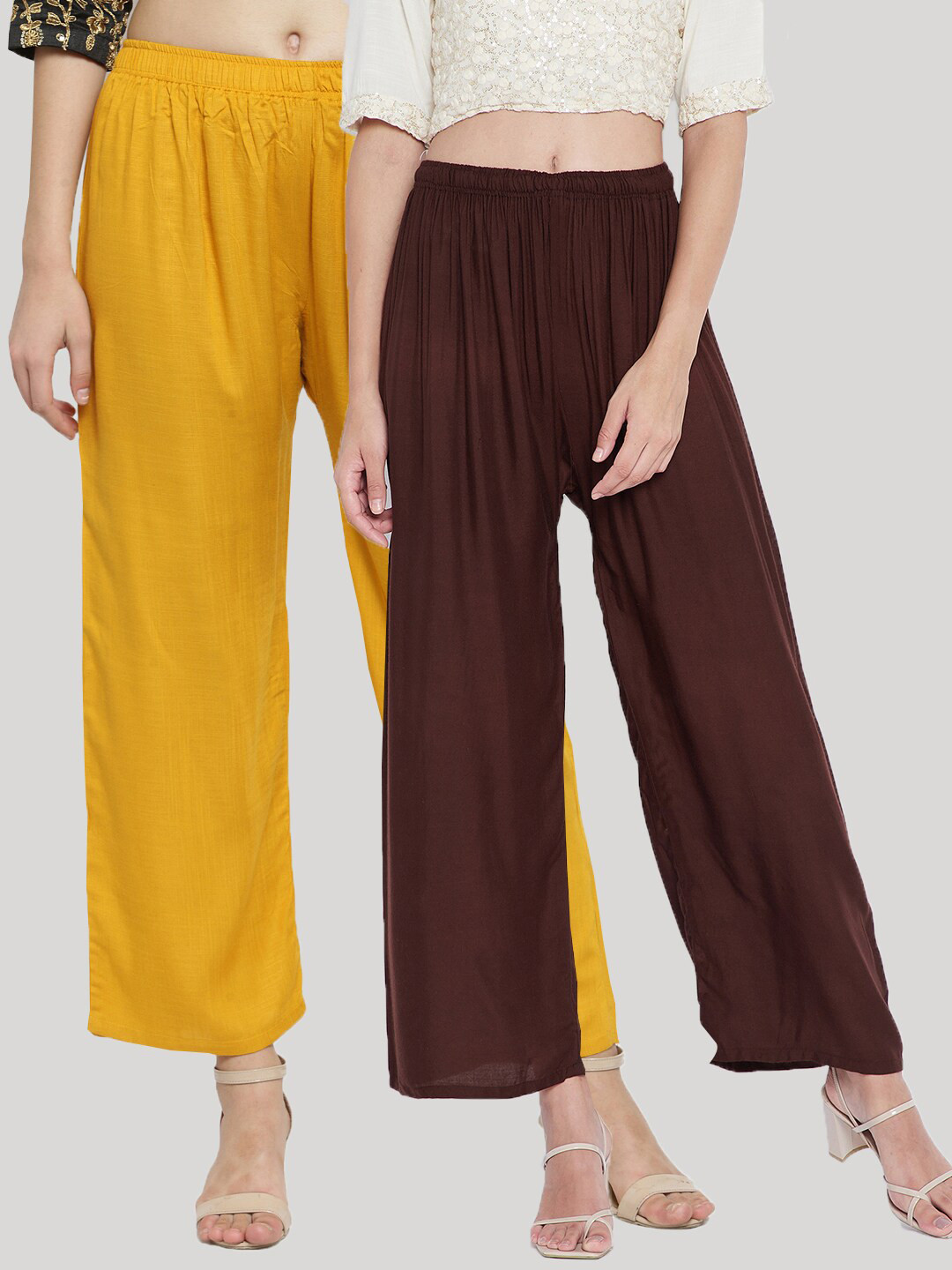 Clora Creation Women Brown & Mustard Yellow Set Of 2 Flared Ethnic Palazzos