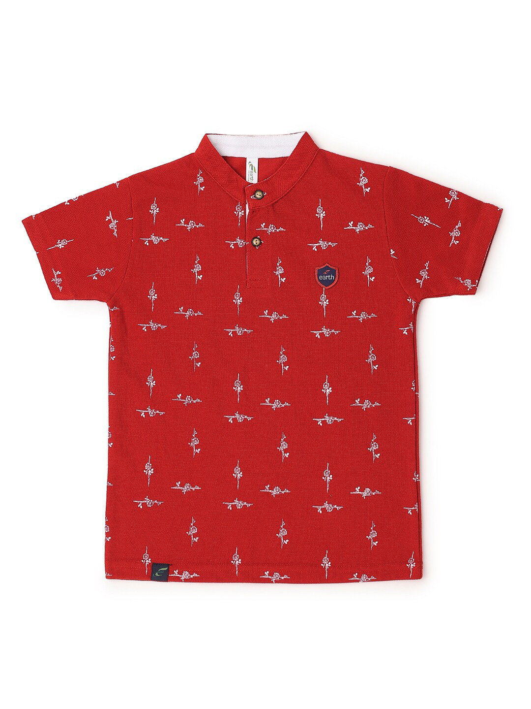 earth conscious Boys Red Printed Mandarin Collar Applique T-shirt