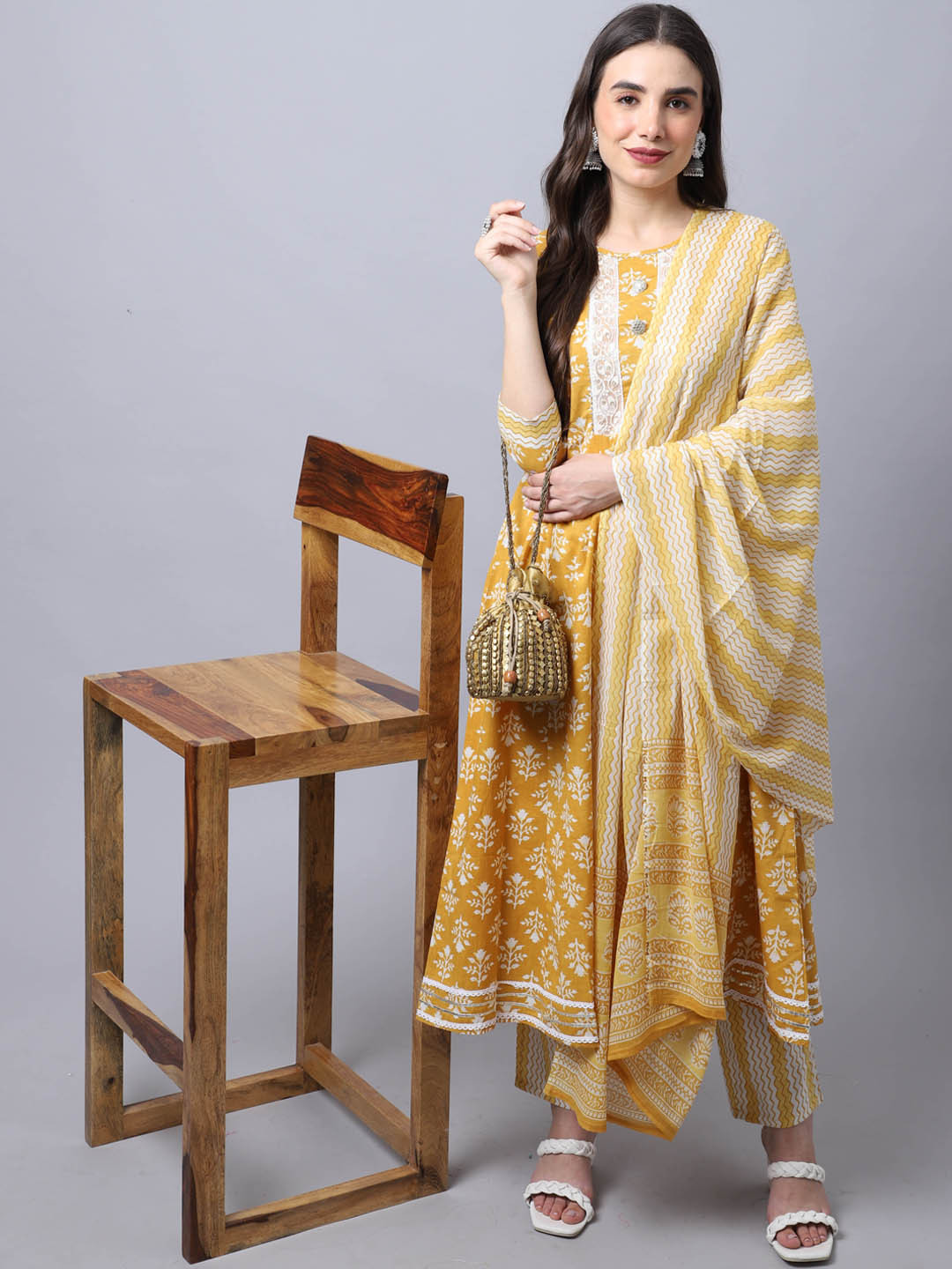 Rajnandini Women Mustard Yellow Ethnic Motifs Printed Pure Cotton Kurta with Trousers & With Dupatta