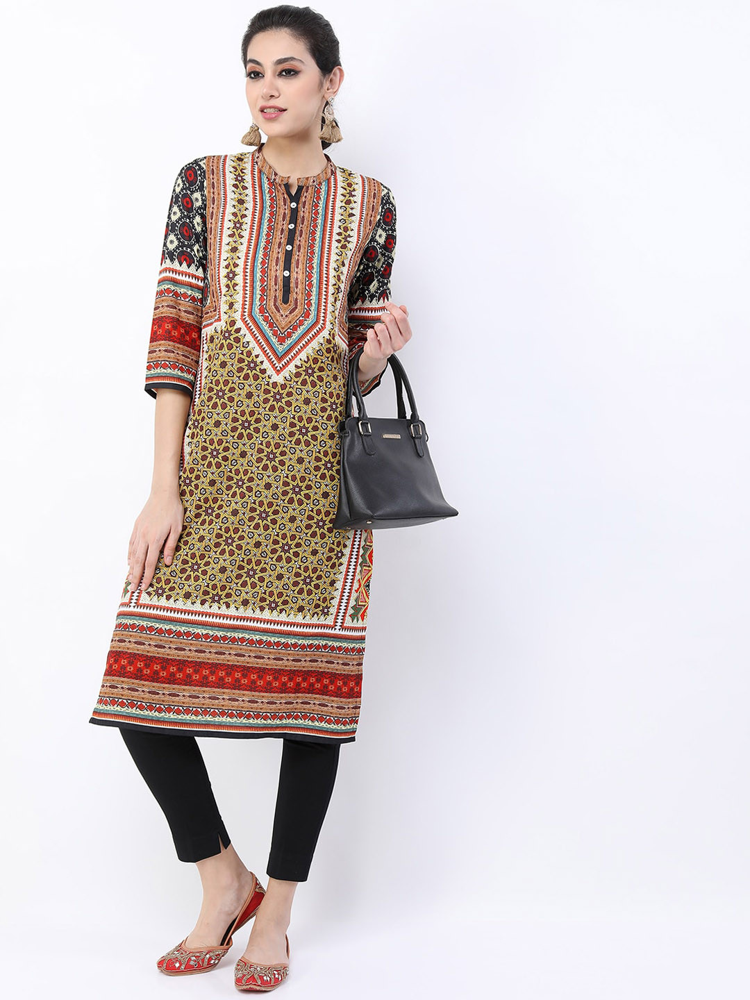 Vishudh Women Beige & Red Geometric Printed Kurta