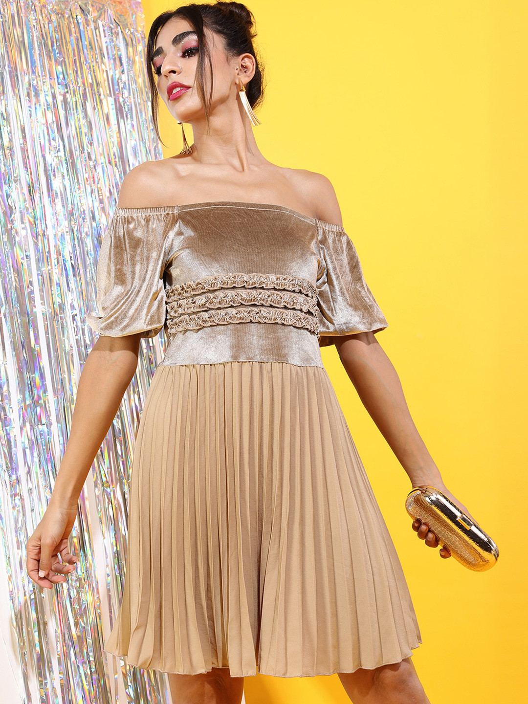 Tokyo Talkies WOMEN Gold Off-Shoulder Dress