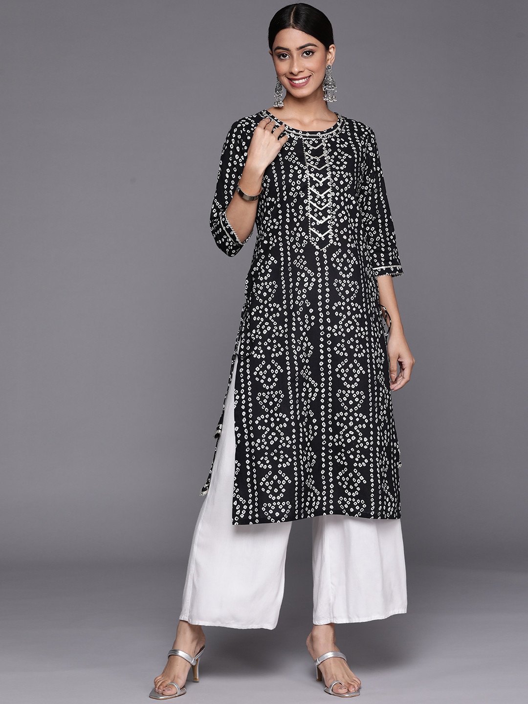 Libas Women Black & White Bandhani Printed Cotton Gotta Patti Kurta