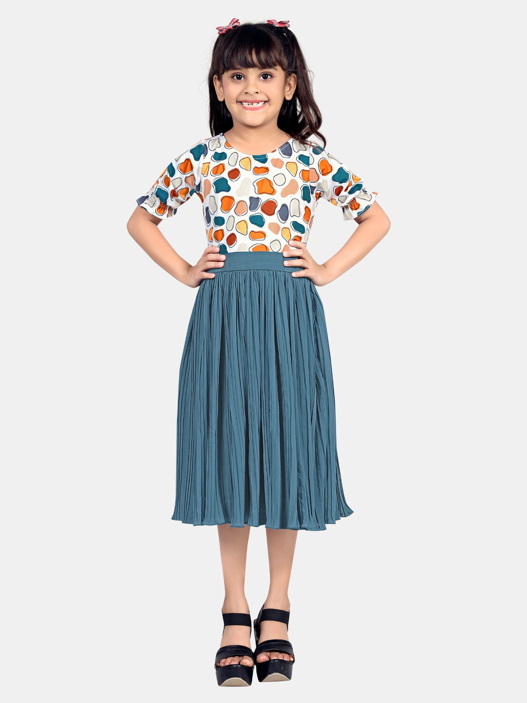 FASHION DREAMGirls Teal Blue Lycra And Georgette Calf Length Dresses