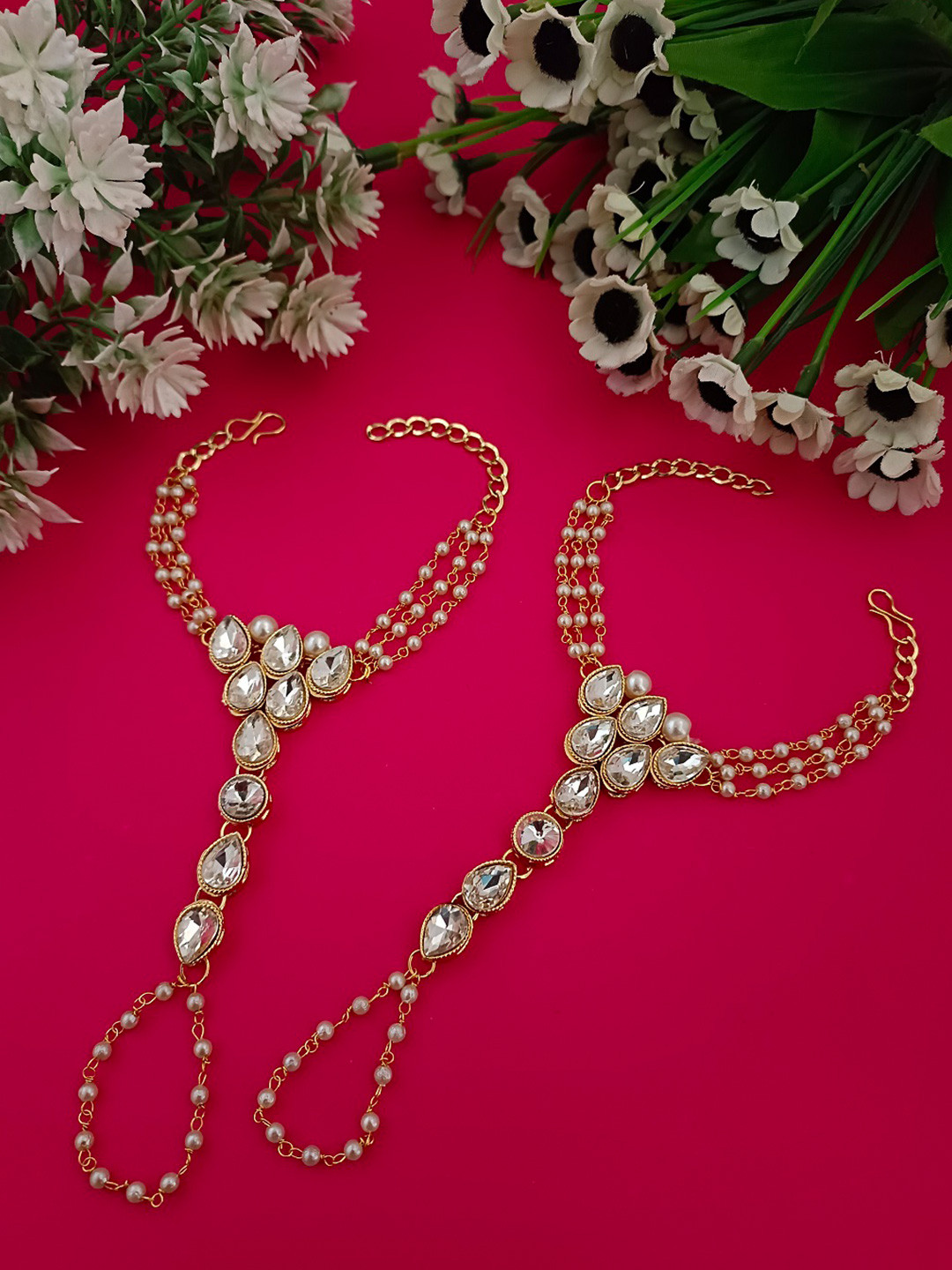 Sanjog Girls Set of 2 White Gold-Plated Kundan Ring Bracelet